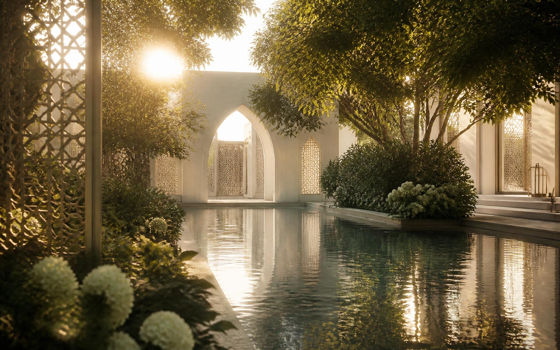Sunlit garden courtyard with reflecting pool and carved white stone screens